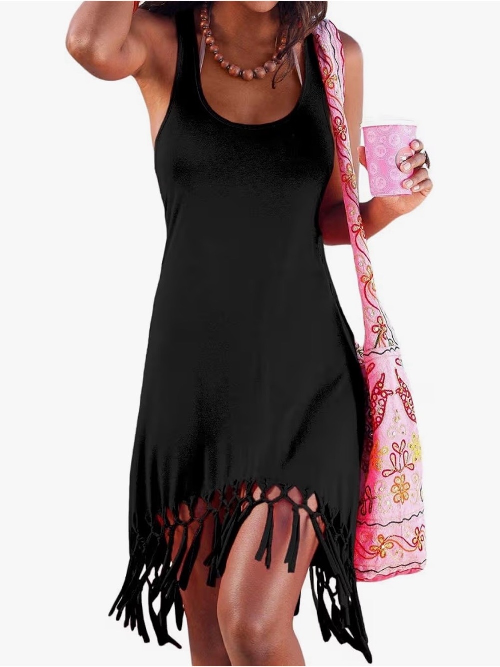 WHITE Fringe Tank Dress Swim Cover-Up Dress